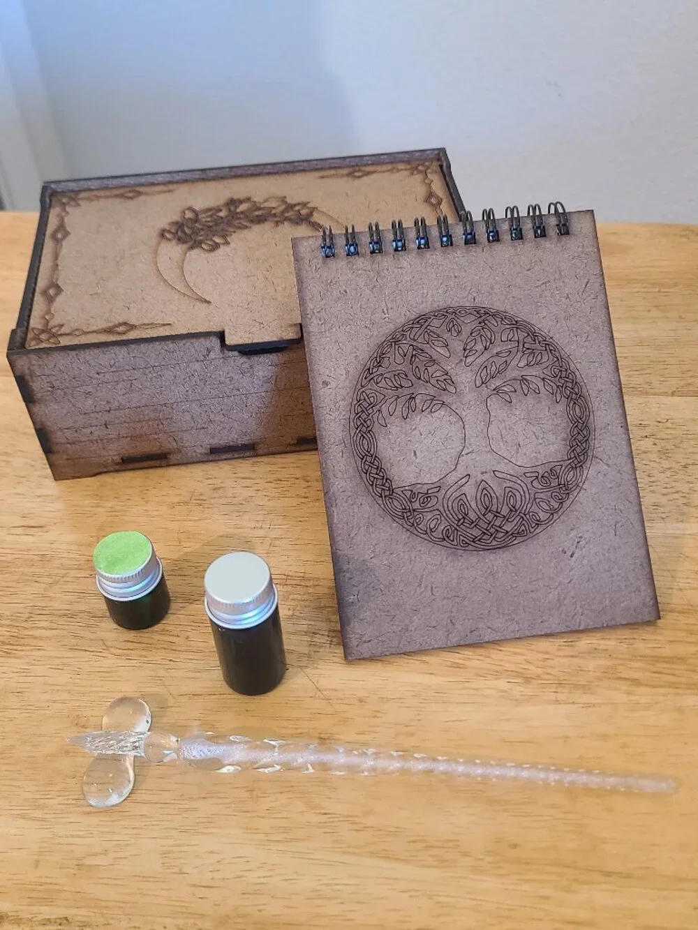 Glass Dip Pen Writing Set with Ink, Notebook & Wooden Storage Box